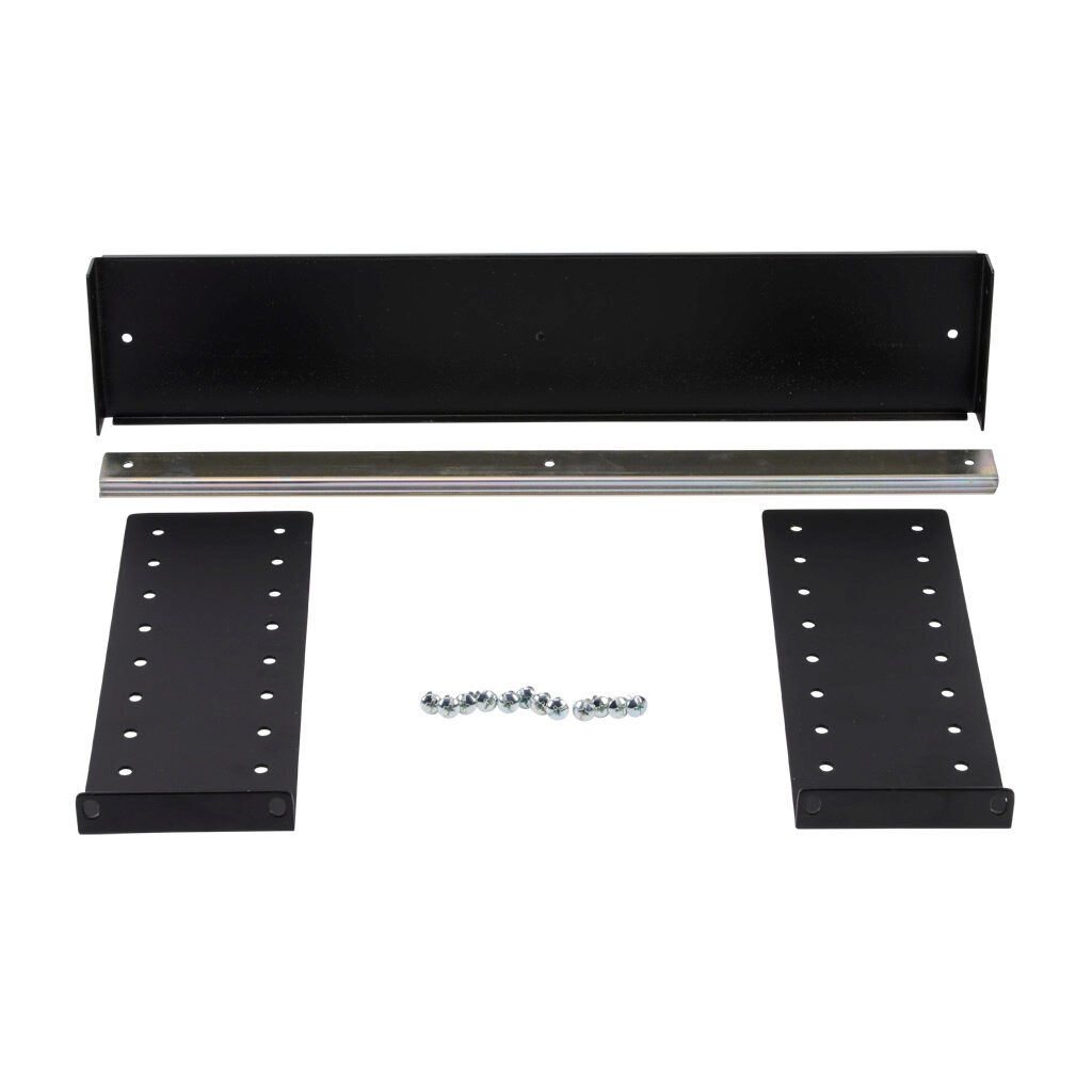 RMHD19003BK - Hammond adjustable rack mount DIN rail kit, 2U, 19in rack width, 3.50x9.25in, 8in depth, 100lb capacity, carbon steel, black, powder coat finish.