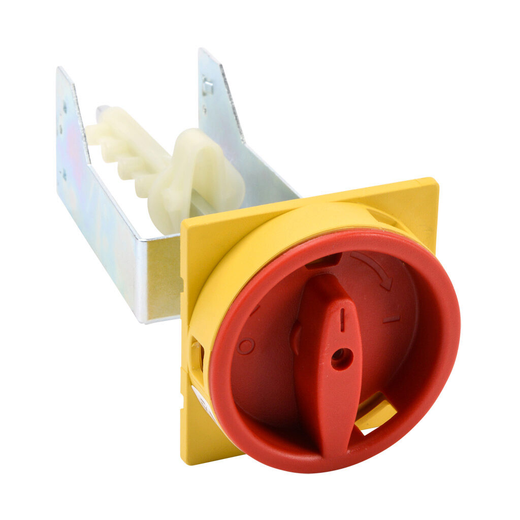 RMMP-130E - WEG Electric rotary handle, selector, red/yellow, external front mount, 2-position, lockable in OFF only, NEMA 1/3R, IP55. For use with MPW40 series manual motor protectors. 130mm shaft included.