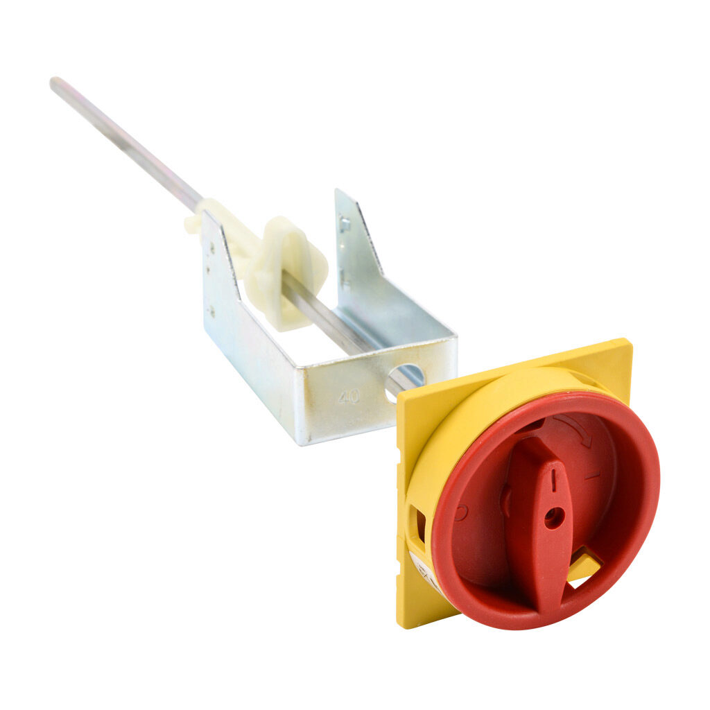 RMMP-330E - WEG Electric rotary handle, selector, red/yellow, external front mount, 2-position, lockable in OFF only, NEMA 1/3R, IP55. For use with MPW40 series manual motor protectors. 330mm shaft included.
