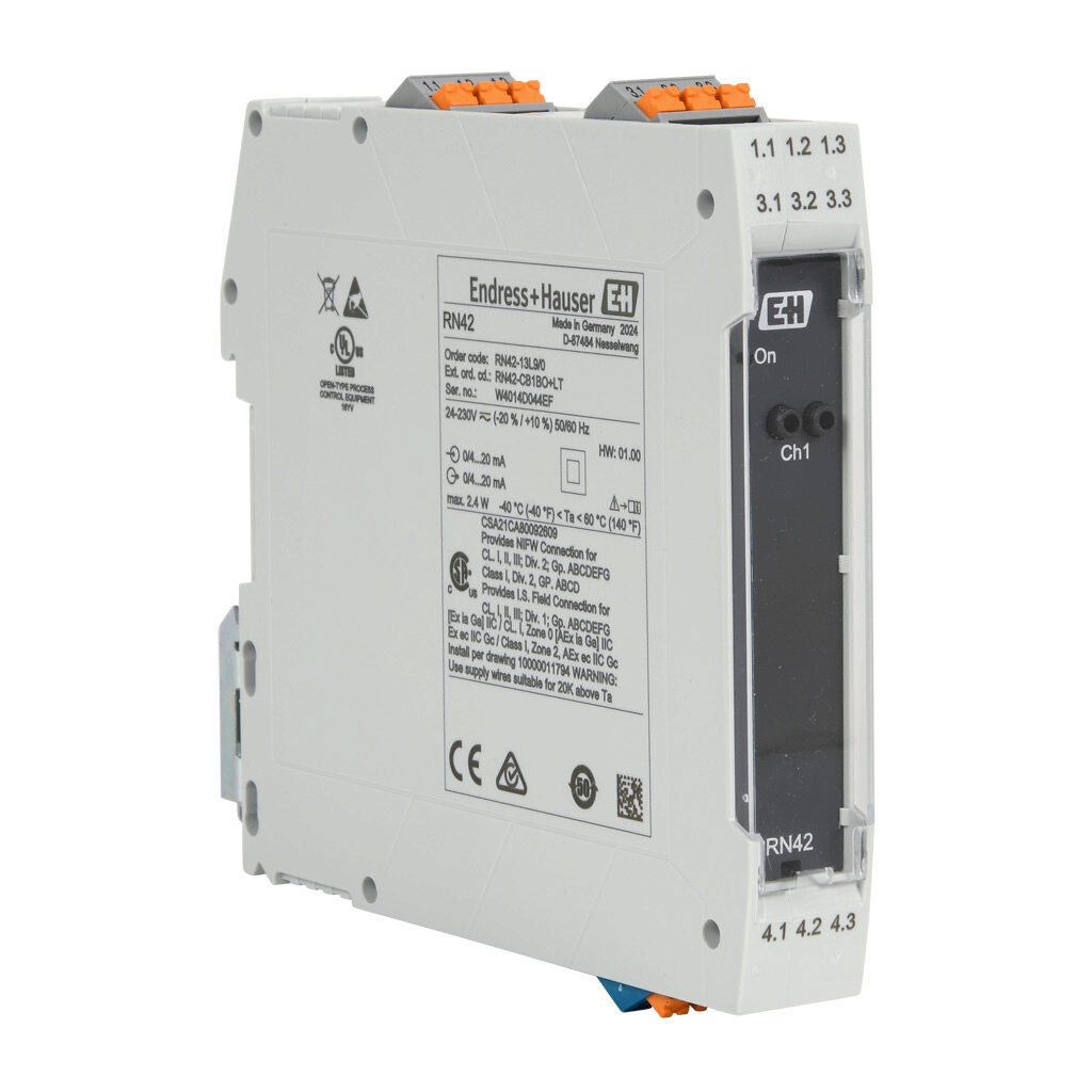 RN42-CB1BO-LT - Endress+Hauser intrinsically safe analog input isolator, 0-20 mA or 4-20 mA input, 0-20 mA or 4-20 mA output, 19.2-253 VAC/VDC operating voltage, push-in terminals.