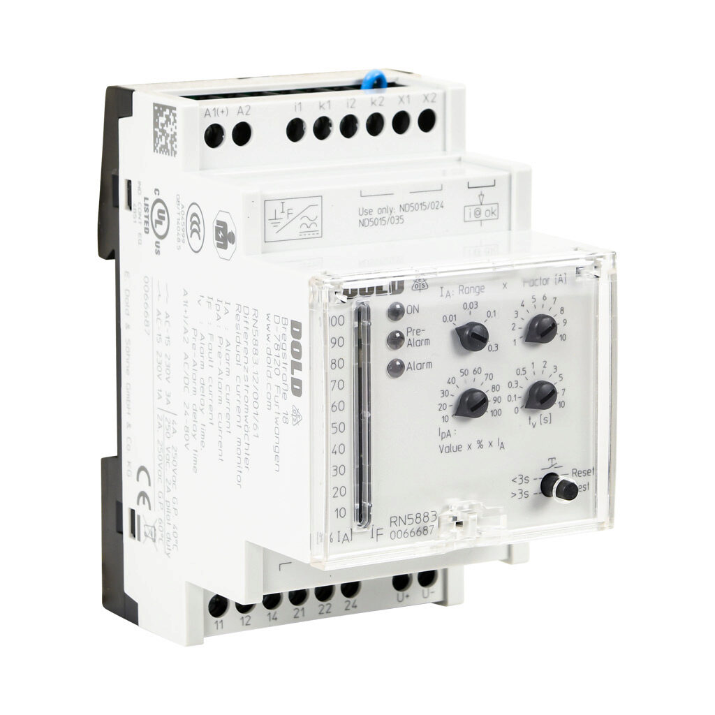 RN5883-001-24-80V - Dold residual current monitor, 10 mA to 3A selectable trip point, voltage and relay, (2) SPDT, normally energized or normally de-energized, manual reset output, 24-80 VAC/VDC operating voltage. Requires Dold ND5015-24-61 or ND5...