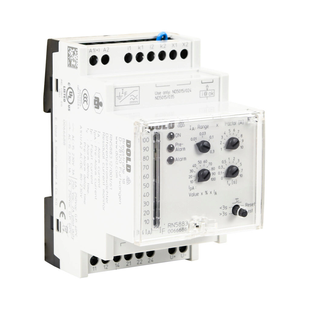 RN5883-001-80-230V - Dold residual current monitor, 10 mA to 3A selectable trip point, voltage and relay, (2) SPDT, normally energized or normally de-energized, manual reset output, 80-230 VAC/VDC operating voltage. Requires Dold ND5015-24-61 or N...
