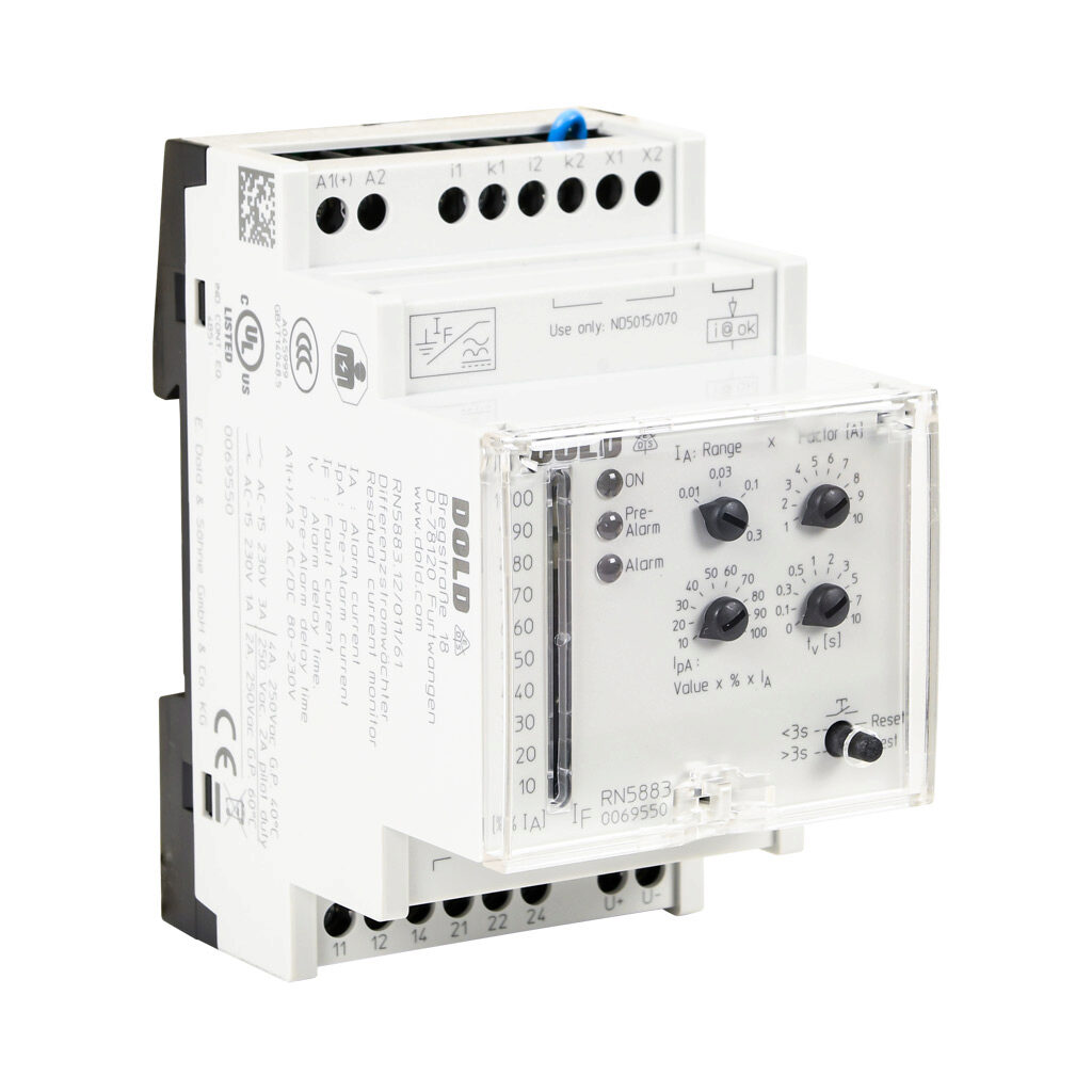 RN5883-011-80-230V - Dold residual current monitor, 10 mA to 3A selectable trip point, voltage and relay, (2) SPDT, normally energized or normally de-energized, manual reset output, 80-230 VAC/VDC operating voltage. Requires Dold ND5015-070-61 tra...