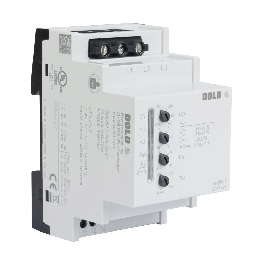 RN9877-0103P3W525V - Dold phase monitor relay, 3-phase, 35mm DIN rail mount, 175-525 VAC input voltage, SPDT, 5A contact rating, screw terminal(s), LED indicator(s), phase reversal, phase unbalance, overvoltage, undervoltage and voltage range prot...