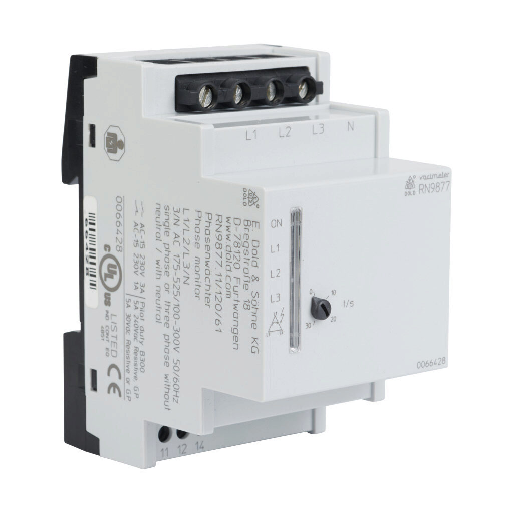 RN9877-1203P4W525V - Dold phase monitor relay, 3-phase, 35mm DIN rail mount, 175-525 VAC input voltage, SPDT, 5A contact rating, screw terminal(s), LED indicator(s), phase reversal, phase loss and phase unbalance protection.