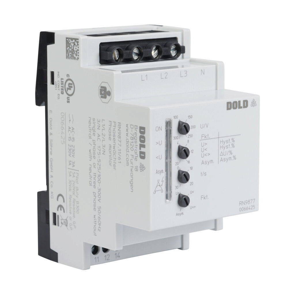 RN98773P4W525V - Dold phase monitor relay, 3-phase, 35mm DIN rail mount, 175-525 VAC input voltage, SPDT, 5A contact rating, screw terminal(s), LED indicator(s), phase reversal, phase unbalance, overvoltage, undervoltage, voltage range and neutral...