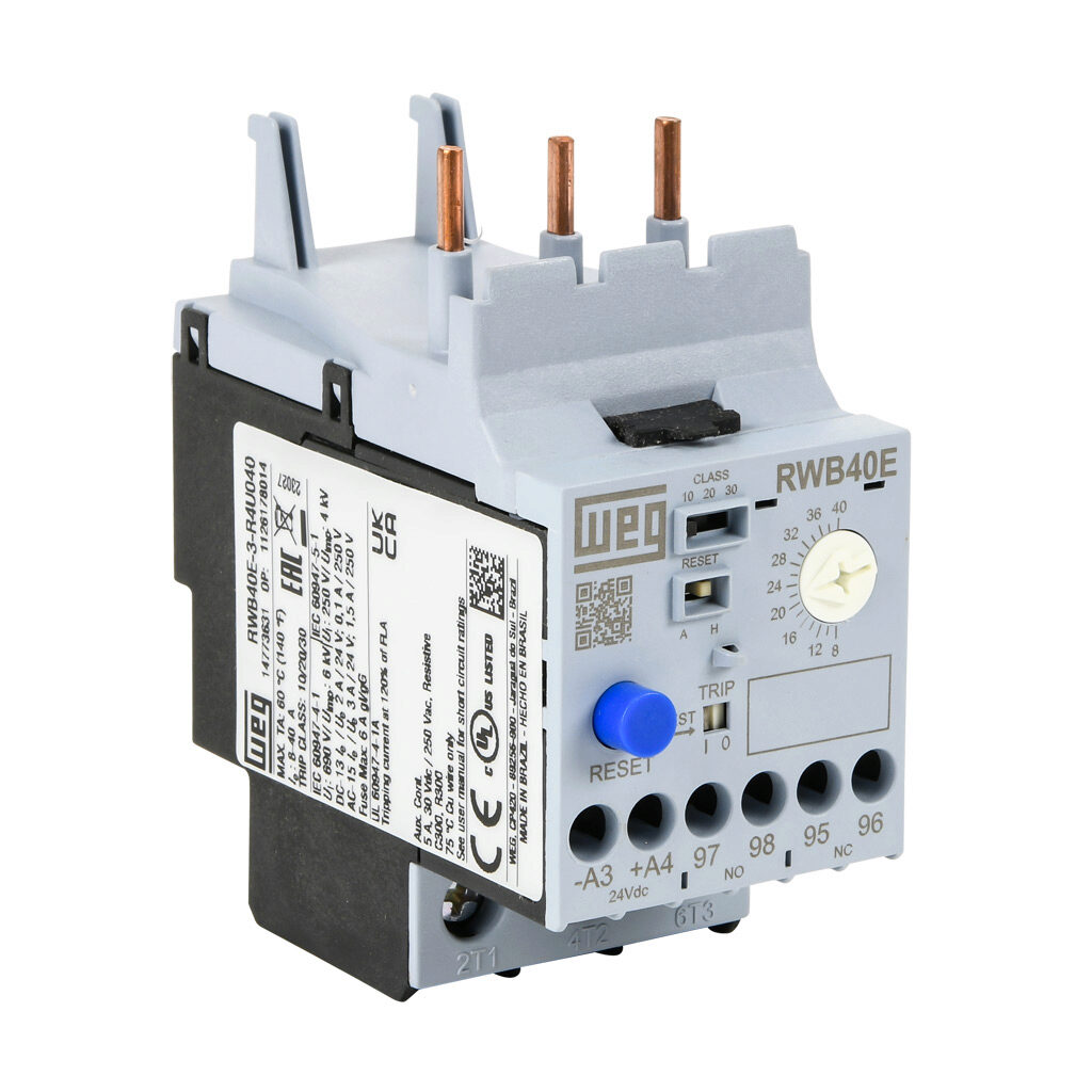 RWB40E-3-R4U040 - WEG Electric RWB40E series electronic overload relay, 8-40.0A adjustable, solid state, remote/local reset, direct mount power connection(s). For use with CWB9 to CWB38 and CWBN00 to CWBN1 series contactors.