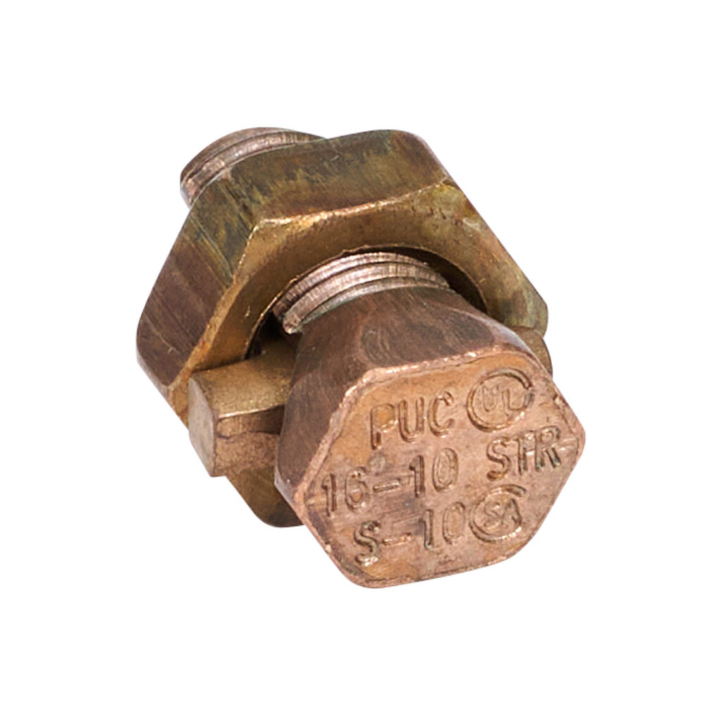 S-10-1 - Penn-Union S series split bolt, copper alloy, 1/2in nut hex, 11/32in body hex, 16-10 AWG, copper.