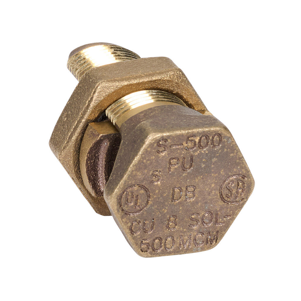 S-500-1 - Penn-Union S series split bolt, copper alloy, 1-13/16in nut hex, 1-5/8in body hex, 8 AWG-500 MCM, copper.