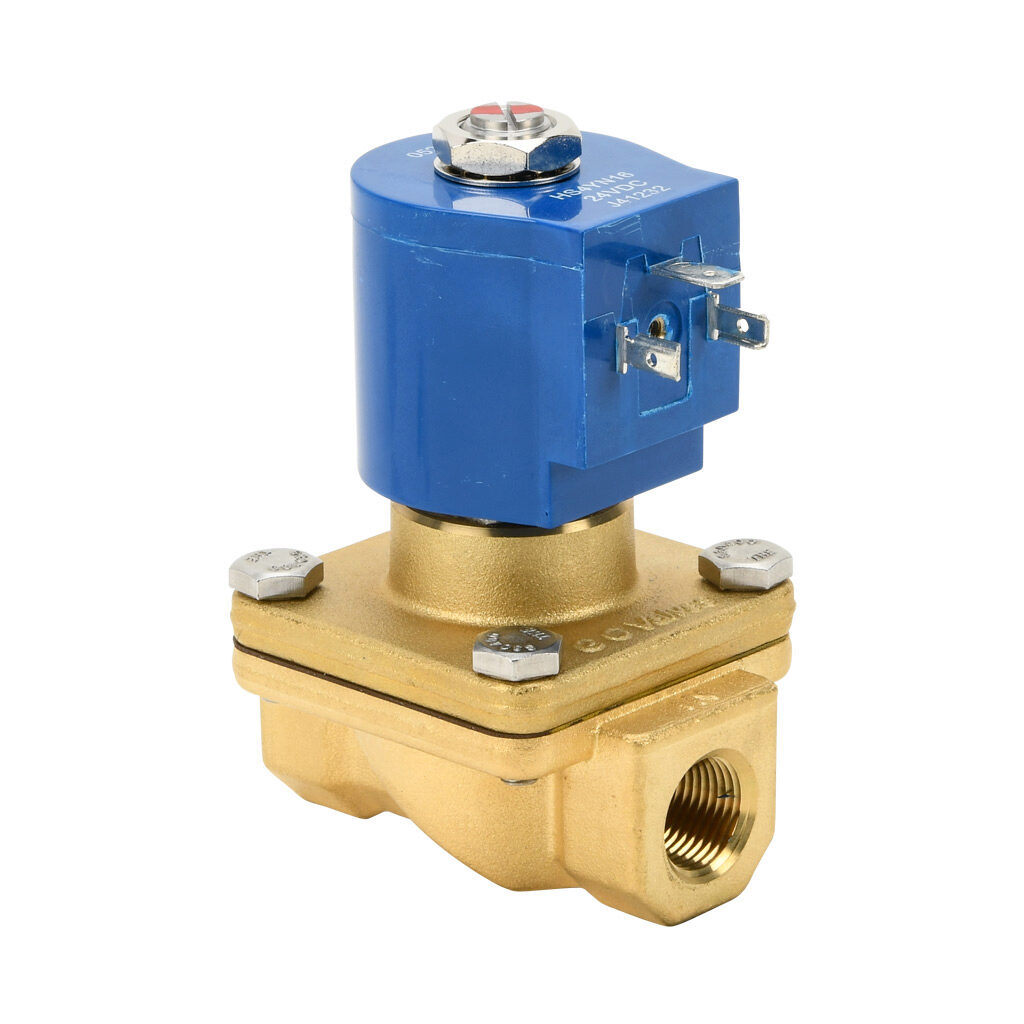 S211YF16V5CG4 - GC Valves solenoid valve, 2-port (2-way), 2-position, N.C., brass body, Viton seal(s), 3/8in female NPT inlet(s), 3/8in female NPT outlet(s), Cv=4.3, 4 psi minimum operating pressure, 24 VDC operating voltage, 18mm DIN style wiring...