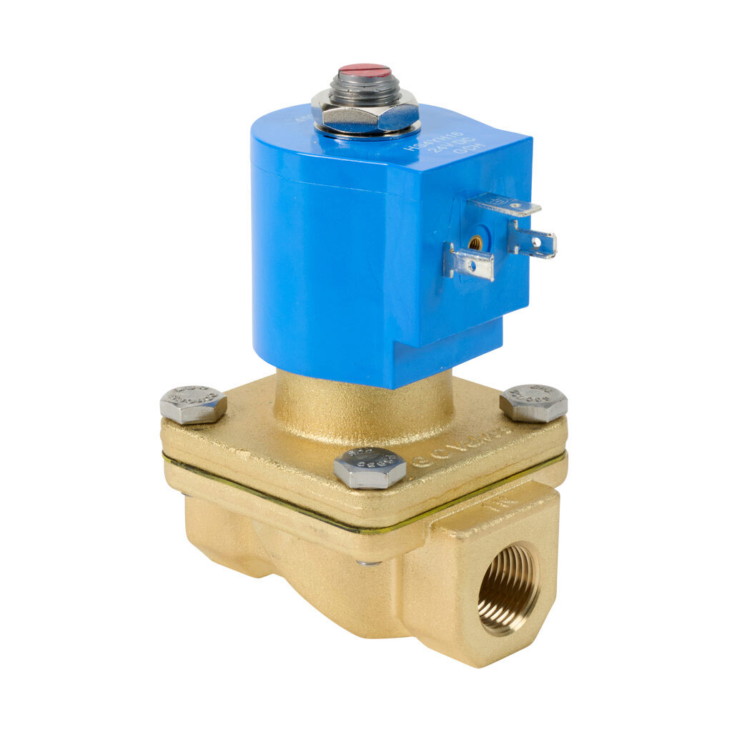 S211YH16V5CG4 - GC Valves solenoid valve, 2-port (2-way), 2-position, N.C., brass body, Viton seal(s), 3/8in female NPT inlet(s), 3/8in female NPT outlet(s), Cv=4.3, 4 psi minimum operating pressure, 24 VDC operating voltage, 18mm DIN style wiring...