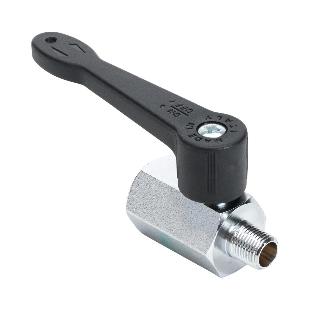 S34AZ0 - RuB S34 manual mini ball valve, 2-port (2-way), 2-position, rotary lever, 1/8in male NPT inlet(s), 1/8in female NPT outlet(s), Cv=2.