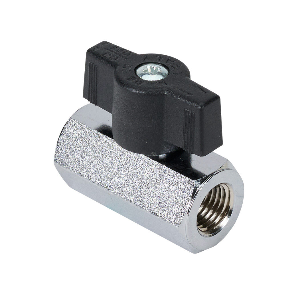 S34BX1 - RuB S34 manual mini ball valve, 2-port (2-way), 2-position, T-handle, 1/4in female NPT inlet(s), 1/4in female NPT outlet(s), Cv=4.9.