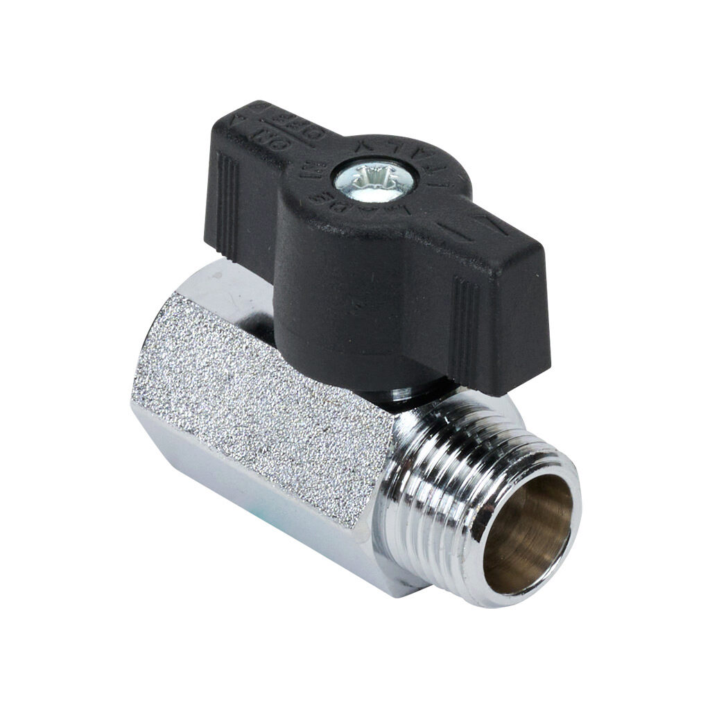 S34CZ1 - RuB S34 manual mini ball valve, 2-port (2-way), 2-position, T-handle, 3/8in male NPT inlet(s), 3/8in female NPT outlet(s), Cv=4.2.