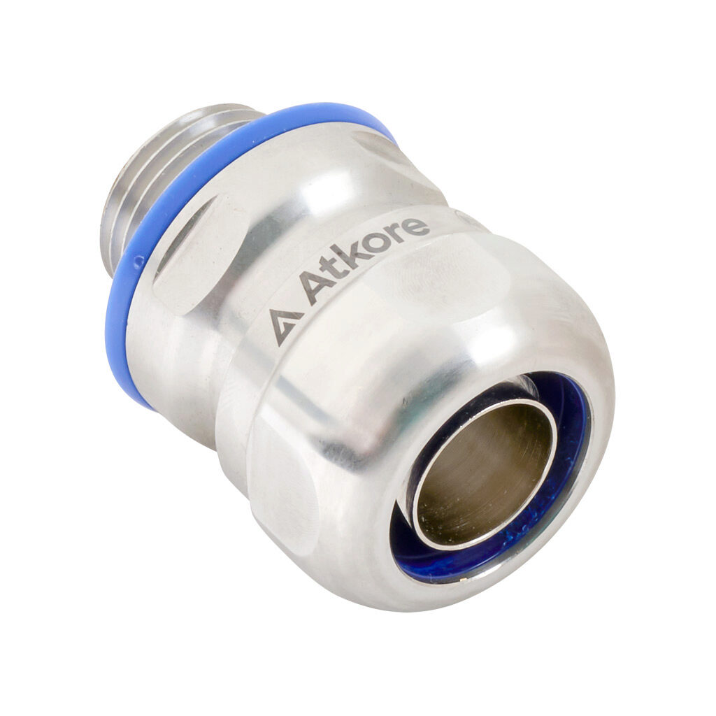 S60500FCHG - Atkore Calbrite hygienic connector, liquid-tight, 316 stainless steel, straight, 1/2in trade size, compression conduit connection, insulated, polished finish. For use with LFMC electrical conduit. FDA blue seal included.