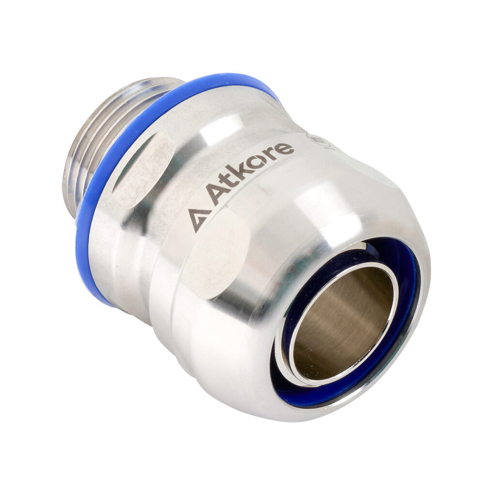 S60700FCHG - Atkore Calbrite hygienic connector, liquid-tight, 316 stainless steel, straight, 3/4in trade size, compression conduit connection, insulated, polished finish. For use with LFMC electrical conduit. FDA blue seal included.