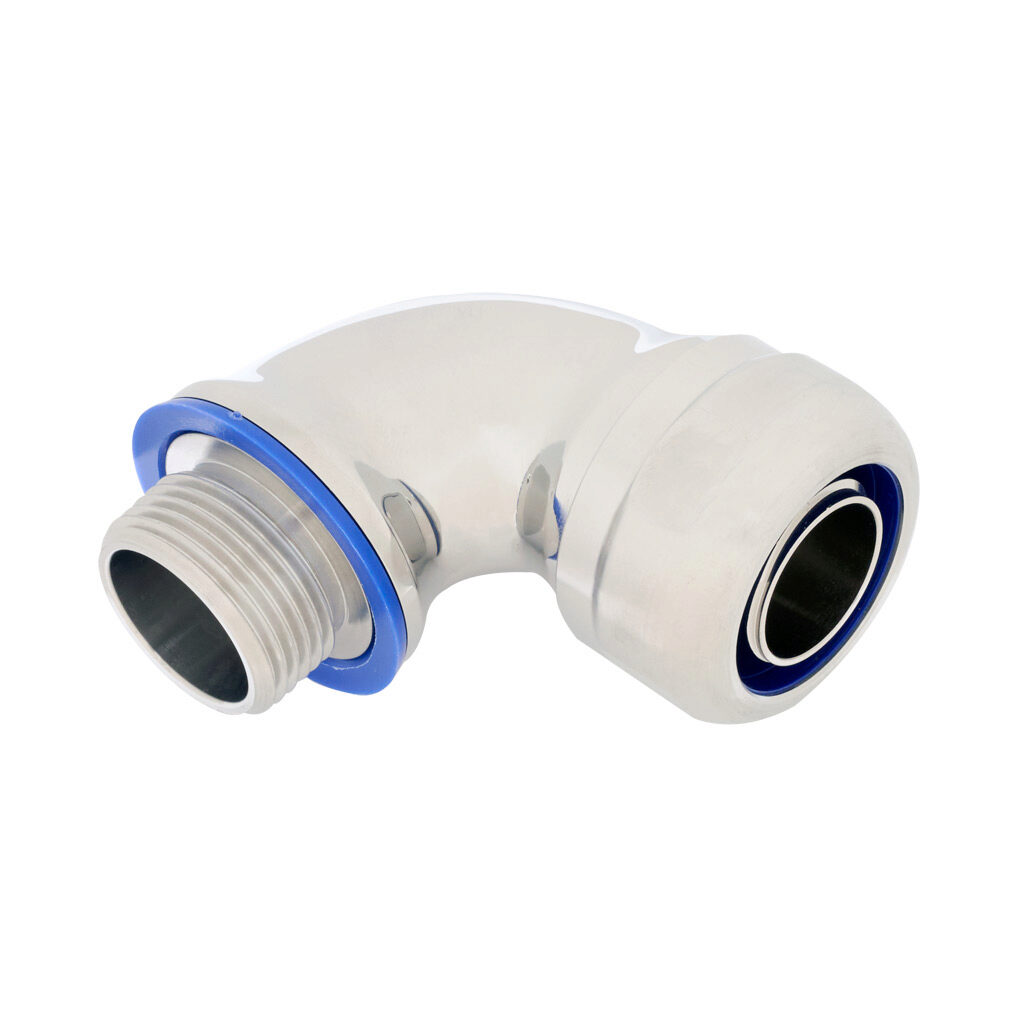 S60700FCHG-90 - Atkore Calbrite hygienic connector, liquid-tight, 316 stainless steel, 90-degree, 3/4in trade size, compression conduit connection, insulated, polished finish. For use with LFMC electrical conduit. FDA blue seal included.