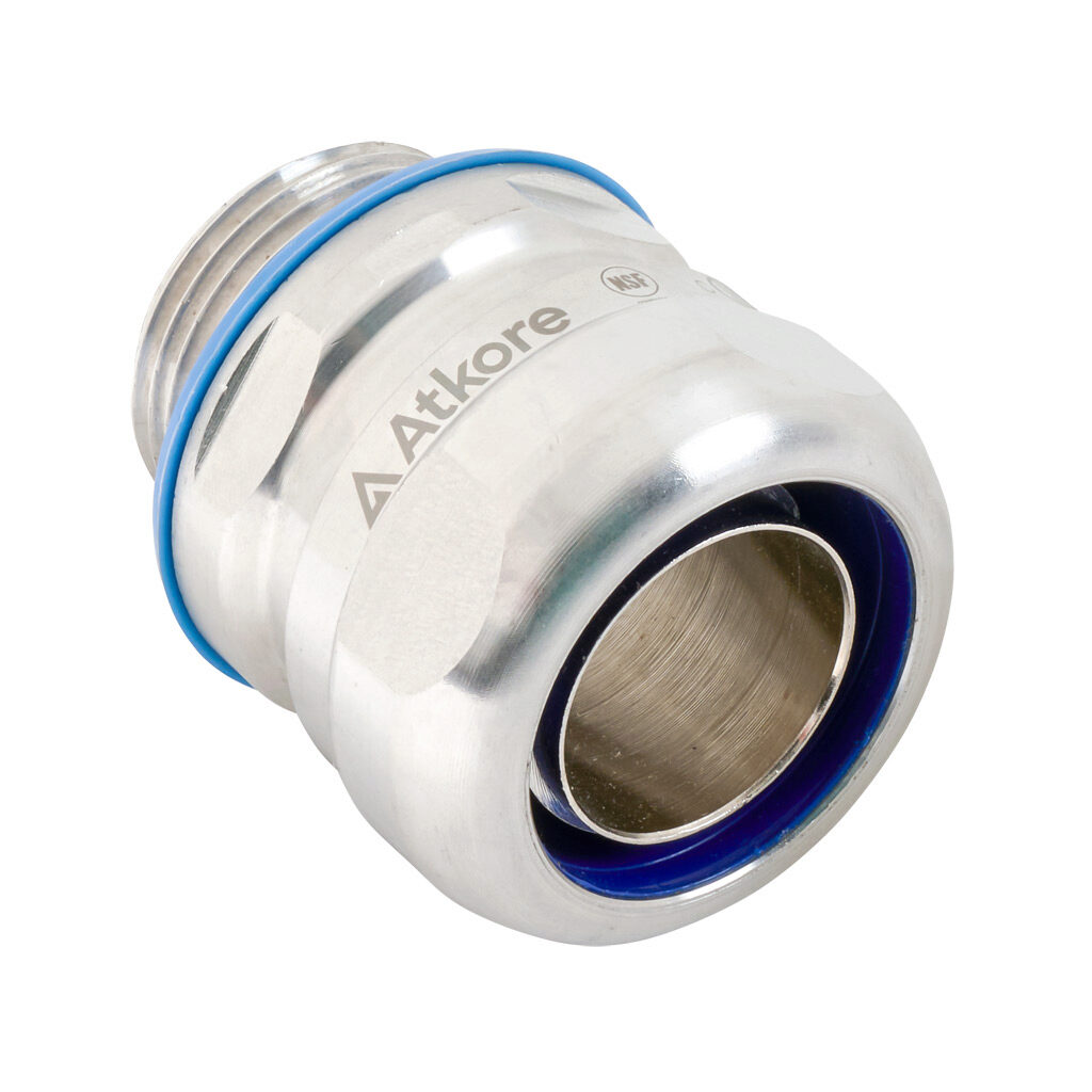S61000FCHG - Atkore Calbrite hygienic connector, liquid-tight, 316 stainless steel, straight, 1in trade size, compression conduit connection, insulated, polished finish. For use with LFMC electrical conduit. FDA blue seal included.