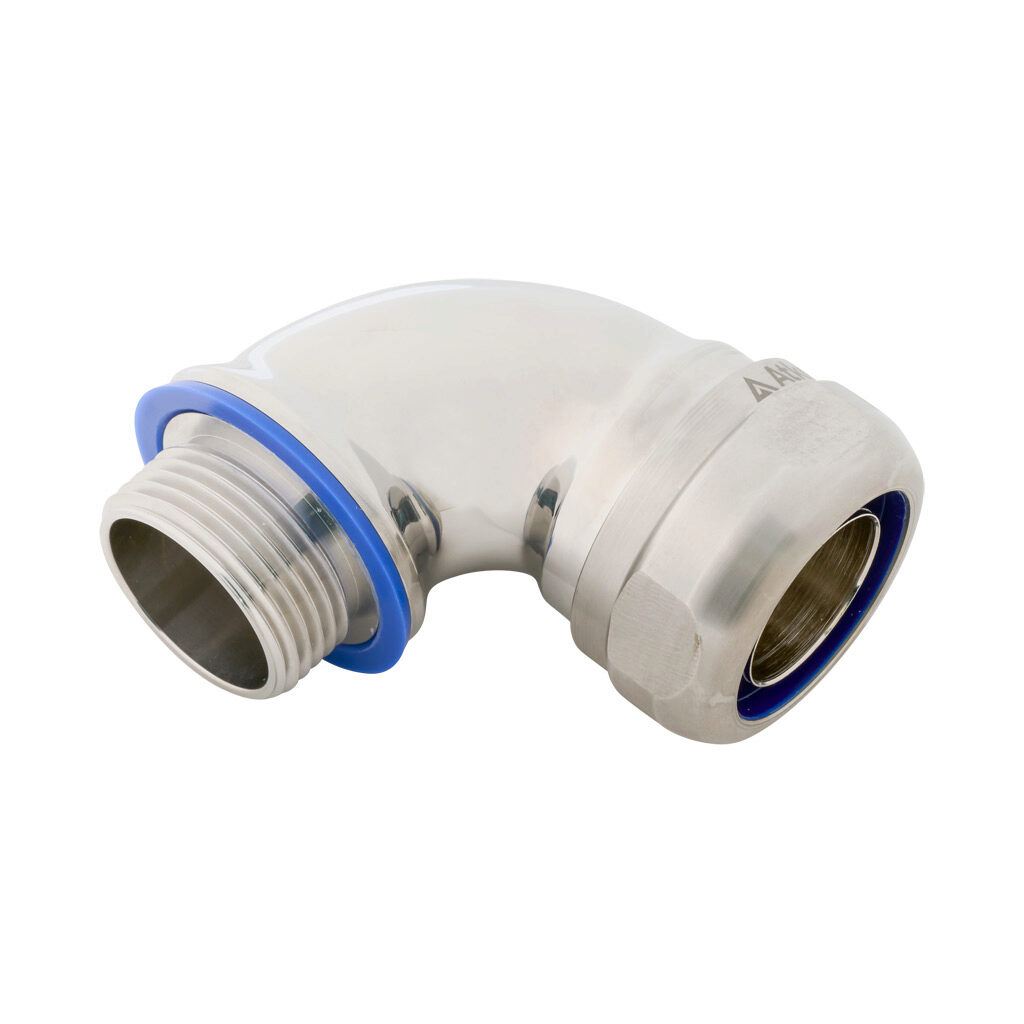 S61000FCHG-90 - Atkore Calbrite hygienic connector, liquid-tight, 316 stainless steel, 90-degree, 1in trade size, compression conduit connection, insulated, polished finish. For use with LFMC electrical conduit. FDA blue seal included.