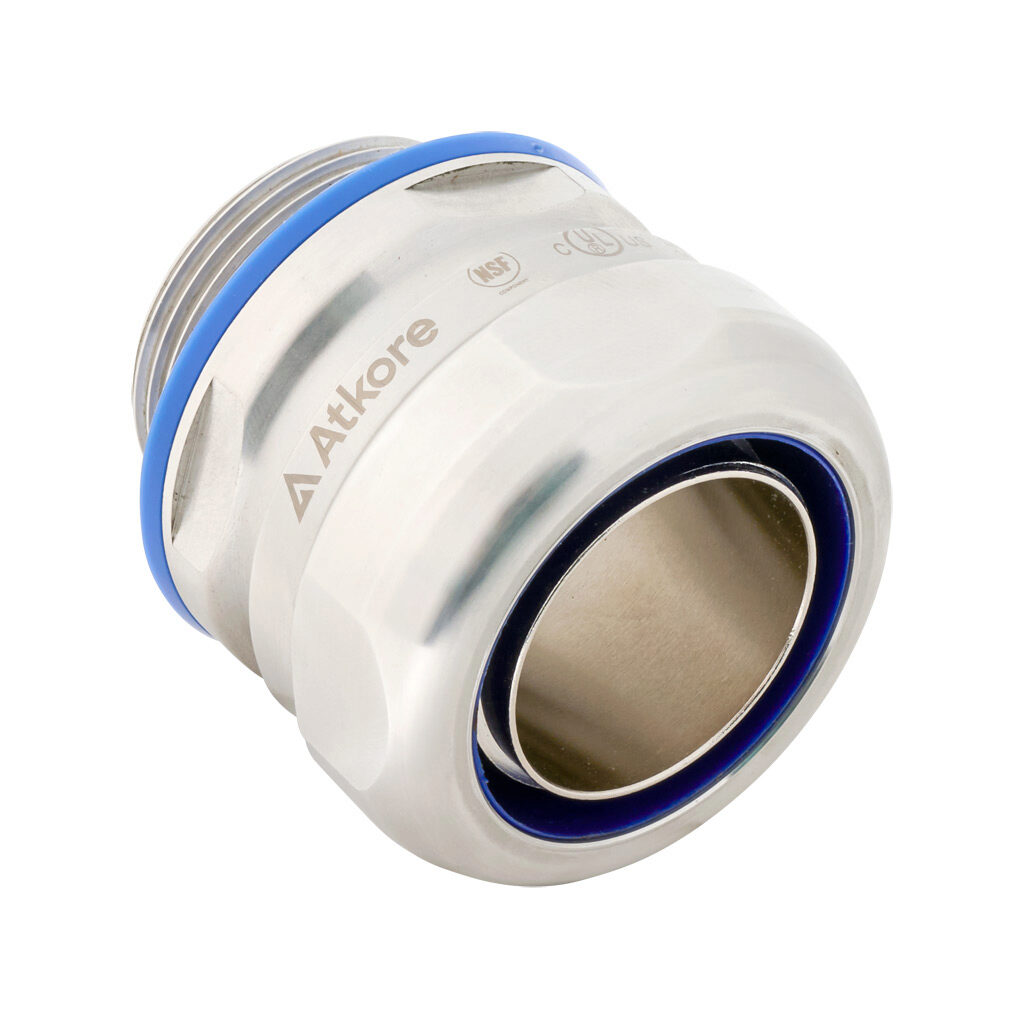 S61200FCHG - Atkore Calbrite hygienic connector, liquid-tight, 316 stainless steel, straight, 1-1/4in trade size, compression conduit connection, insulated, polished finish. For use with LFMC electrical conduit. FDA blue seal included.