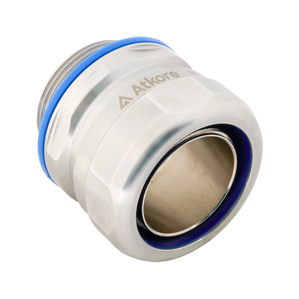 S61500FCHG - Atkore Calbrite hygienic connector, liquid-tight, 316 stainless steel, straight, 1-1/2in trade size, compression conduit connection, insulated, polished finish. For use with LFMC electrical conduit. FDA blue seal included.