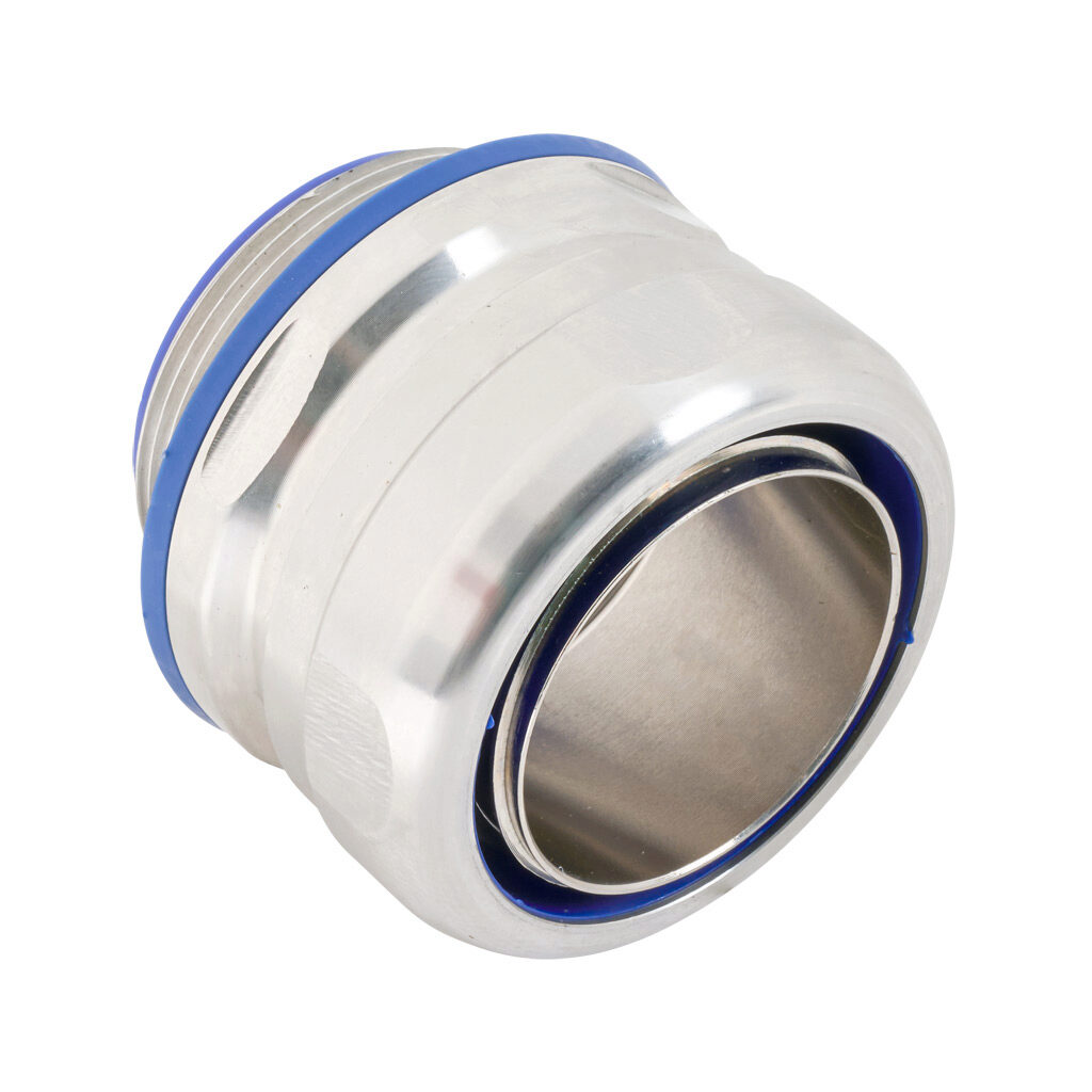 S62000FCHG - Atkore Calbrite hygienic connector, liquid-tight, 316 stainless steel, straight, 2in trade size, compression conduit connection, insulated, polished finish. For use with LFMC electrical conduit. FDA blue seal included.