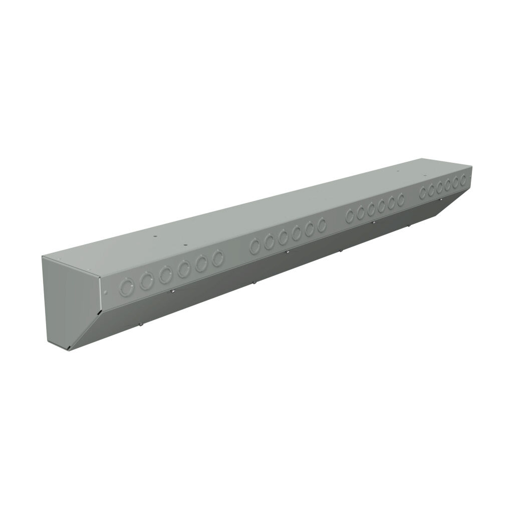 S6648AT - Wiegmann wiring trough, 6 x 6 x 48in (HxDxL), NEMA 1, corner mount, with knockouts, carbon steel, ANSI 61 gray, powder coat finish, screw cover.
