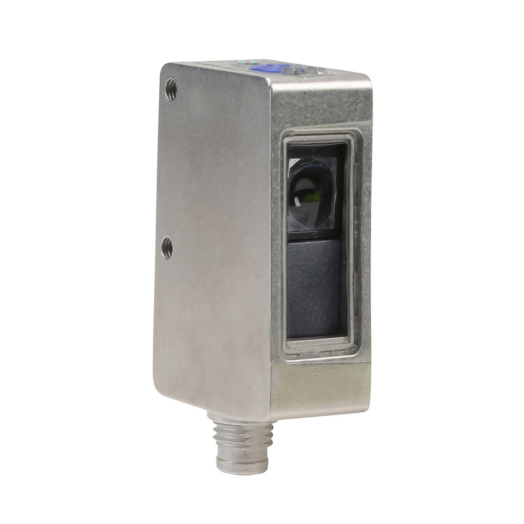 S8-MR-5-W13-PP - Datalogic photoelectric sensor, rectangular, diffuse, RGB, 6-12mm sensing distance, selectable light-on/dark-on, PNP, 25 kHz switching frequency, 28 x 15 x 42.8mm body, 316L stainless steel, 4-pin M8 quick-disconnect.