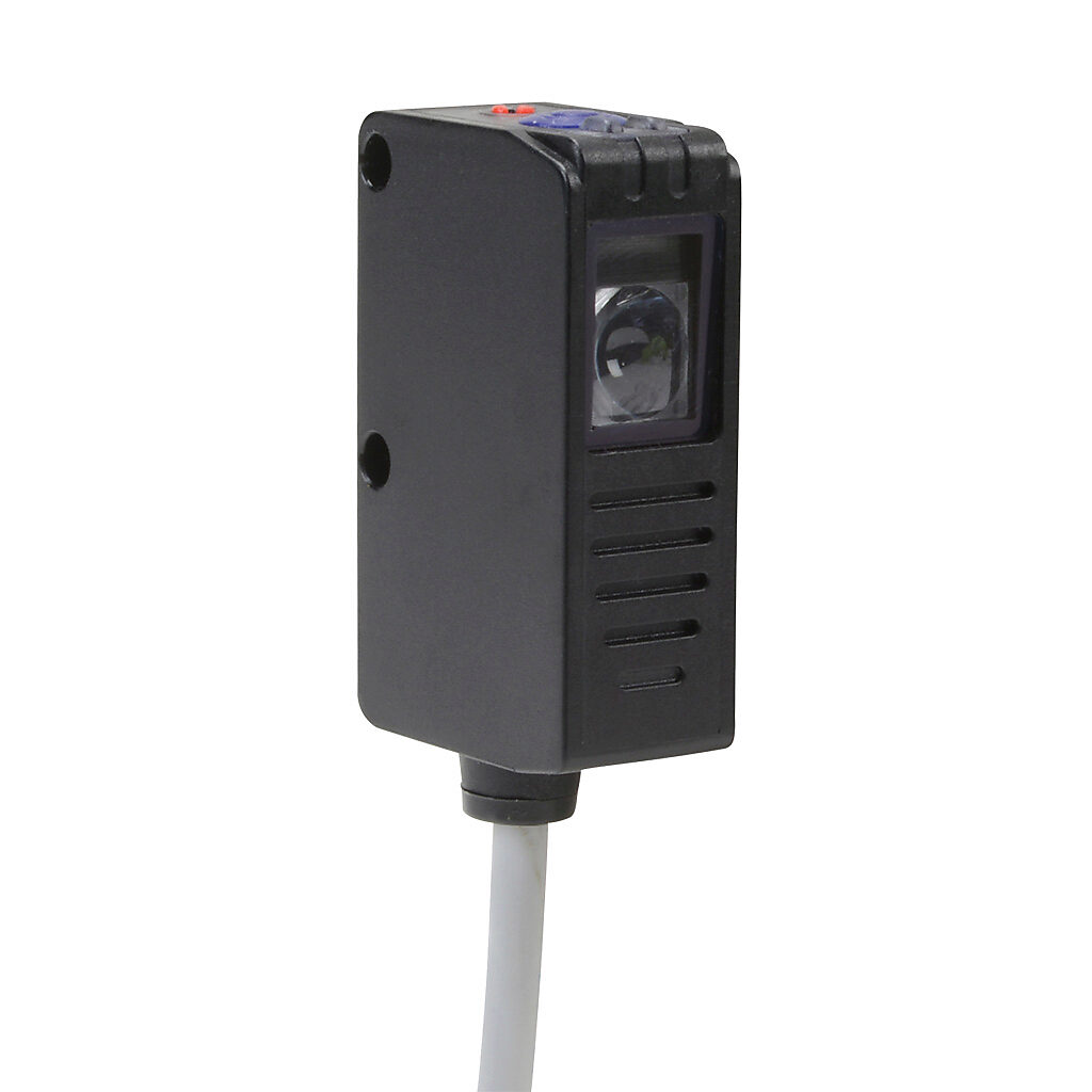 S8-PR-3-W13-PP - Datalogic photoelectric sensor, rectangular, diffuse, RGB, 6-12mm sensing distance, selectable light-on/dark-on, PNP, 25 kHz switching frequency, 25 x 14 x 42mm body, plastic, 4-pin M12 quick-disconnect.