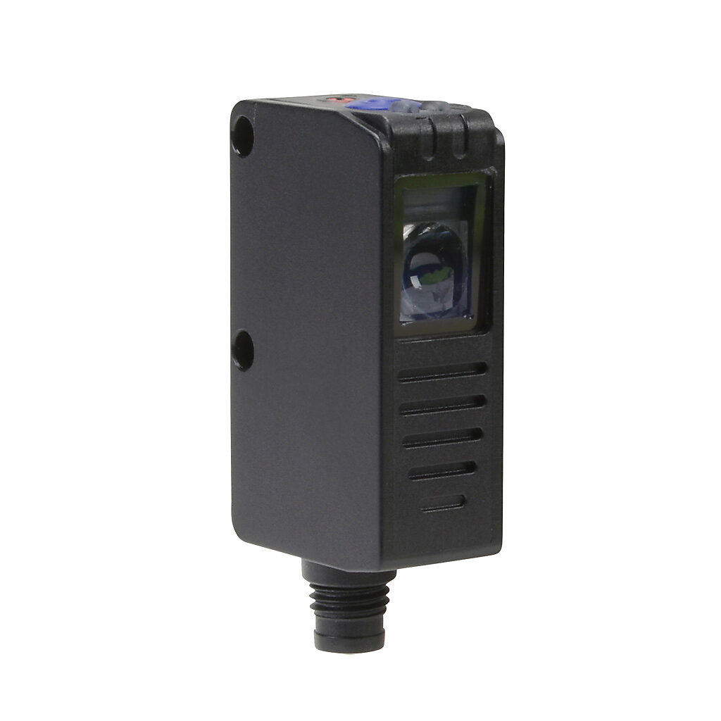 S8-PR-5-W13-PP - Datalogic photoelectric sensor, rectangular, diffuse, RGB, 6-12mm sensing distance, selectable light-on/dark-on, PNP, 25 kHz switching frequency, 25 x 14 x 42mm body, plastic, 4-pin M8 quick-disconnect.