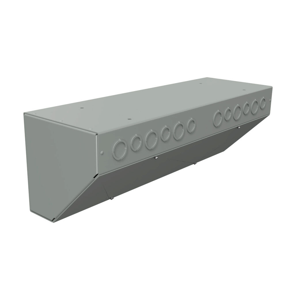 S8824AT - Wiegmann wiring trough, 8 x 8 x 24in (HxDxL), NEMA 1, corner mount, with knockouts, carbon steel, ANSI 61 gray, powder coat finish, screw cover.