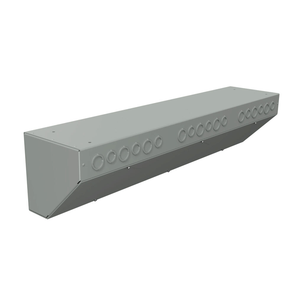 S8836AT - Wiegmann wiring trough, 8 x 8 x 36in (HxDxL), NEMA 1, corner mount, with knockouts, carbon steel, ANSI 61 gray, powder coat finish, screw cover.