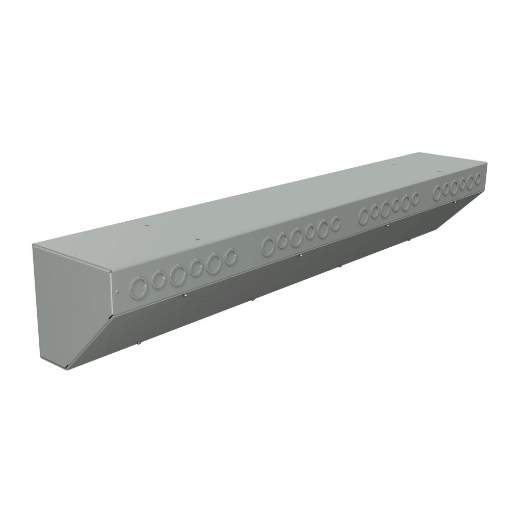 S8848AT - Wiegmann wiring trough, 8 x 8 x 48in (HxDxL), NEMA 1, corner mount, with knockouts, carbon steel, ANSI 61 gray, powder coat finish, screw cover.