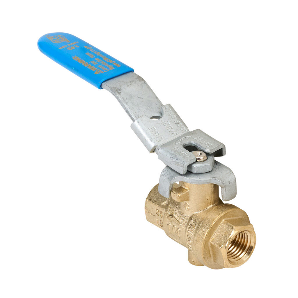 S93B41 - RuB S93 pneumatic manual ball valve, 3-port (3-way), 2-position, lockable rotary lever, 1/4in female NPT inlet(s), 1/4in female NPT outlet(s), #10-32 female threaded exhaust(s), Cv=4.5.
