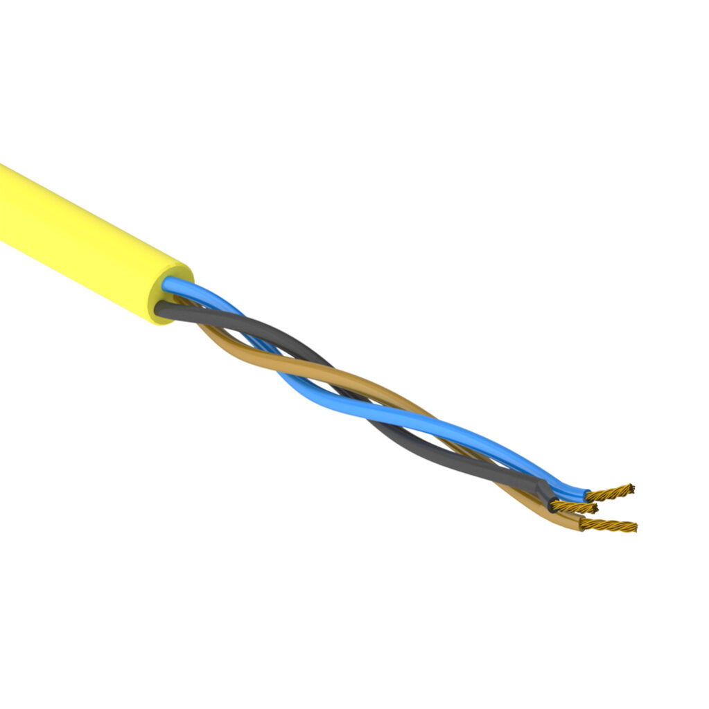 SAC-16-3U-1YL-1 - AutomationDirect flexible sensor/actuator cable, unshielded, 3 conductors, 16 AWG, bare copper, PVC conductor insulation material, black, brown and blue, PVC jacket, yellow, cut to length.