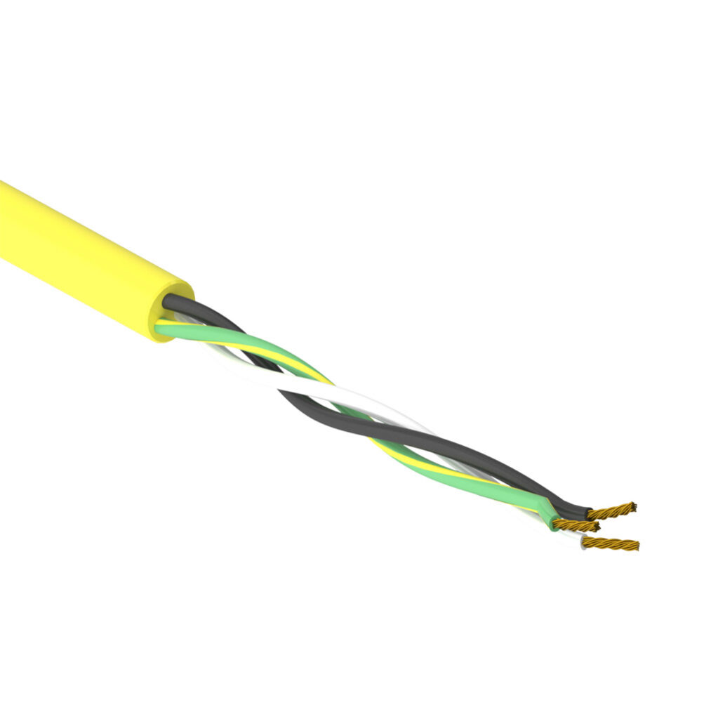 SAC-16-3U-2YL-1 - AutomationDirect flexible sensor/actuator cable, unshielded, 3 conductors, 16 AWG, bare copper, PVC conductor insulation material, black, white and green/yellow, PVC jacket, yellow, cut to length.