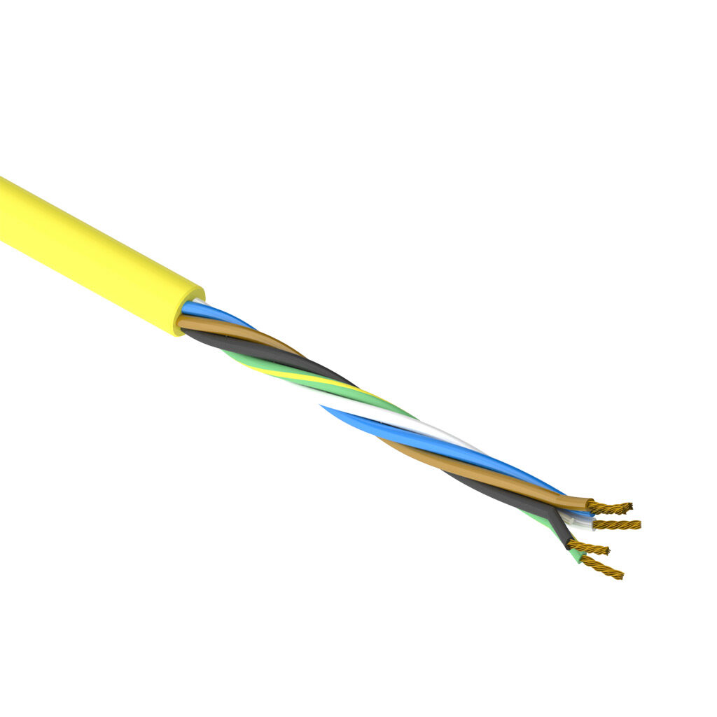SAC-16-5U-1YL-1 - AutomationDirect flexible sensor/actuator cable, unshielded, 5 conductors, 16 AWG, bare copper, PVC conductor insulation material, black, brown, blue, white and green/yellow, PVC jacket, yellow, cut to length.