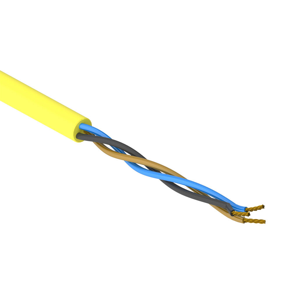 SAC-18-3U-1YL-1 - AutomationDirect flexible sensor/actuator cable, unshielded, 3 conductors, 18 AWG, bare copper, PVC conductor insulation material, black, brown and blue, PVC jacket, yellow, cut to length.