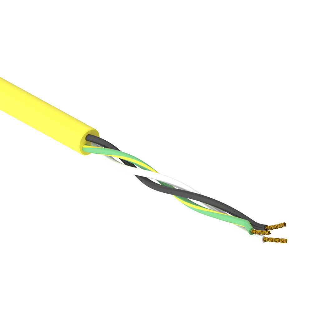 SAC-18-3U-2YL-1 - AutomationDirect flexible sensor/actuator cable, unshielded, 3 conductors, 18 AWG, bare copper, PVC conductor insulation material, black, white and green/yellow, PVC jacket, yellow, cut to length.