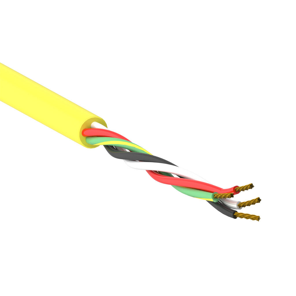 SAC-18-4U-2YL-1 - AutomationDirect flexible sensor/actuator cable, unshielded, 4 conductors, 18 AWG, bare copper, PVC conductor insulation material, black, white, red and green/yellow, PVC jacket, yellow, cut to length.