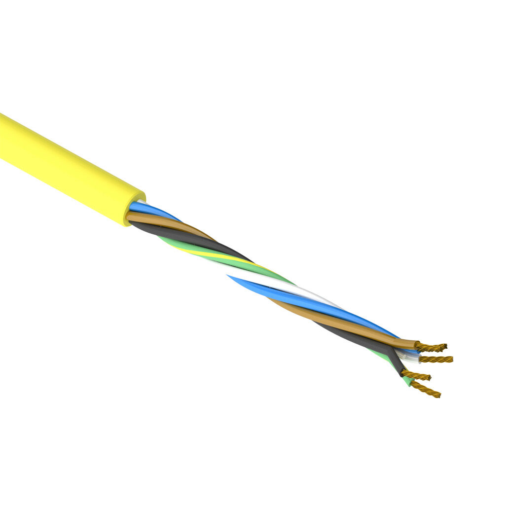 SAC-18-5U-1YL-1 - AutomationDirect flexible sensor/actuator cable, unshielded, 5 conductors, 18 AWG, bare copper, PVC conductor insulation material, black, brown, blue, white and green/yellow, PVC jacket, yellow, cut to length.