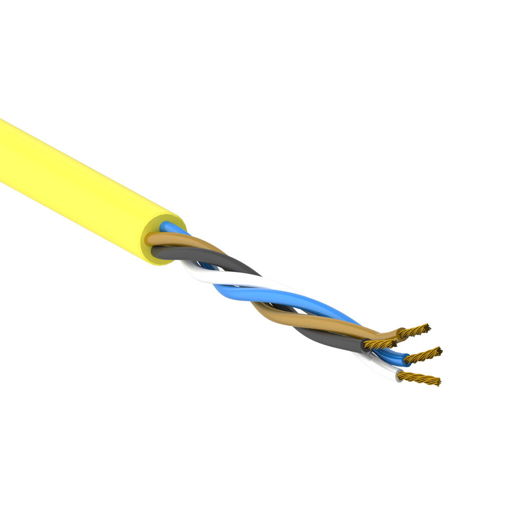 SAC-20-4U-1YL-1 - AutomationDirect flexible sensor/actuator cable, unshielded, 4 conductors, 20 AWG, bare copper, PVC conductor insulation material, black, brown, blue and white, PVC jacket, yellow, cut to length.