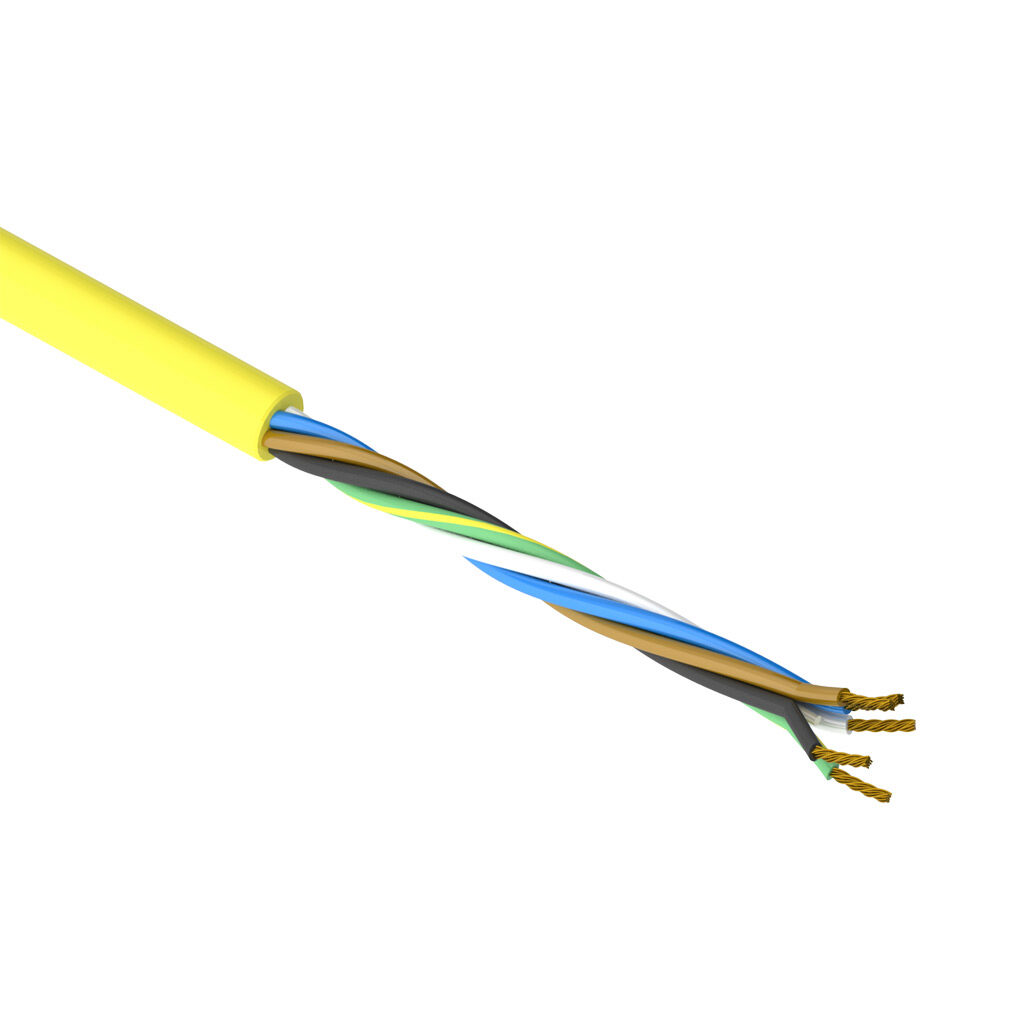 SAC-20-5U-1YL-1 - AutomationDirect flexible sensor/actuator cable, unshielded, 5 conductors, 20 AWG, bare copper, PVC conductor insulation material, black, brown, blue, white and green/yellow, PVC jacket, yellow, cut to length.