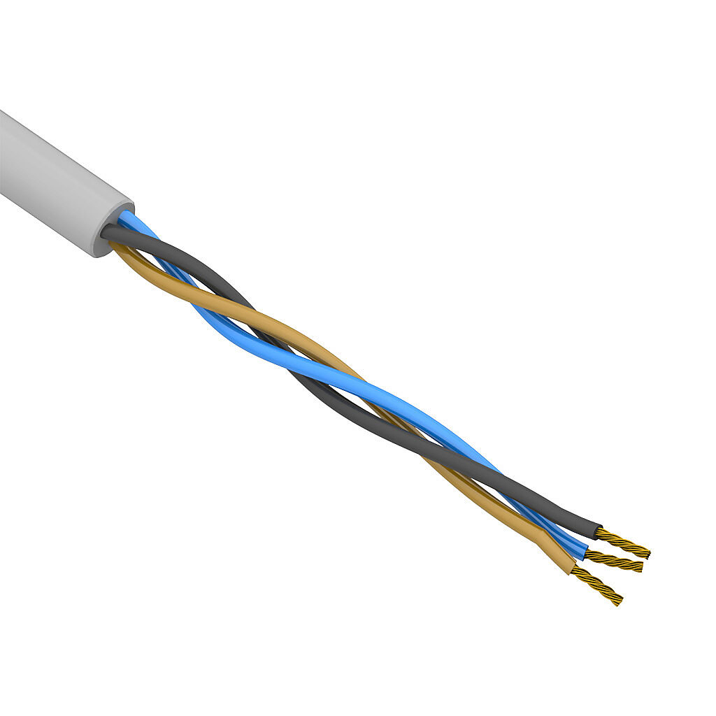 SAC-22-3U-1GY-1 - AutomationDirect flexible sensor/actuator cable, unshielded, 3 conductors, 22 AWG, bare copper, PVC conductor insulation material, black, brown and blue, PVC jacket, gray, cut to length.