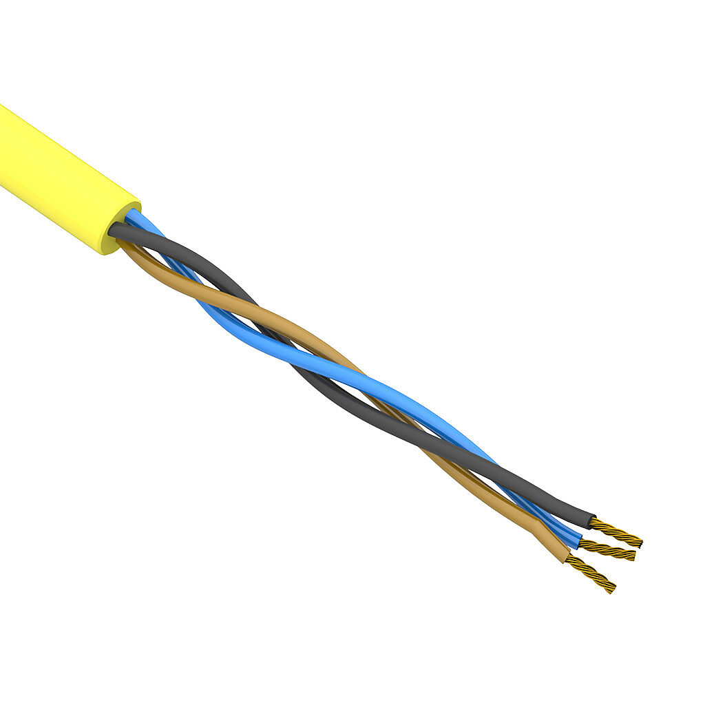 SAC-22-3U-1YL-1 - AutomationDirect flexible sensor/actuator cable, unshielded, 3 conductors, 22 AWG, bare copper, PVC conductor insulation material, black, brown and blue, PVC jacket, yellow, cut to length.