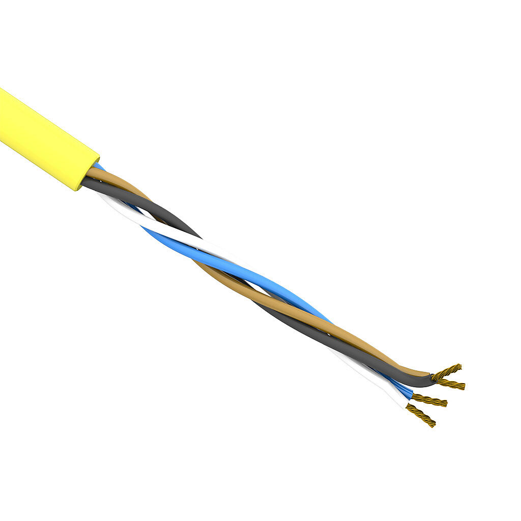 SAC-22-4U-1YL-1 - AutomationDirect flexible sensor/actuator cable, unshielded, 4 conductors, 22 AWG, bare copper, PVC conductor insulation material, black, brown, blue and white, PVC jacket, yellow, cut to length.
