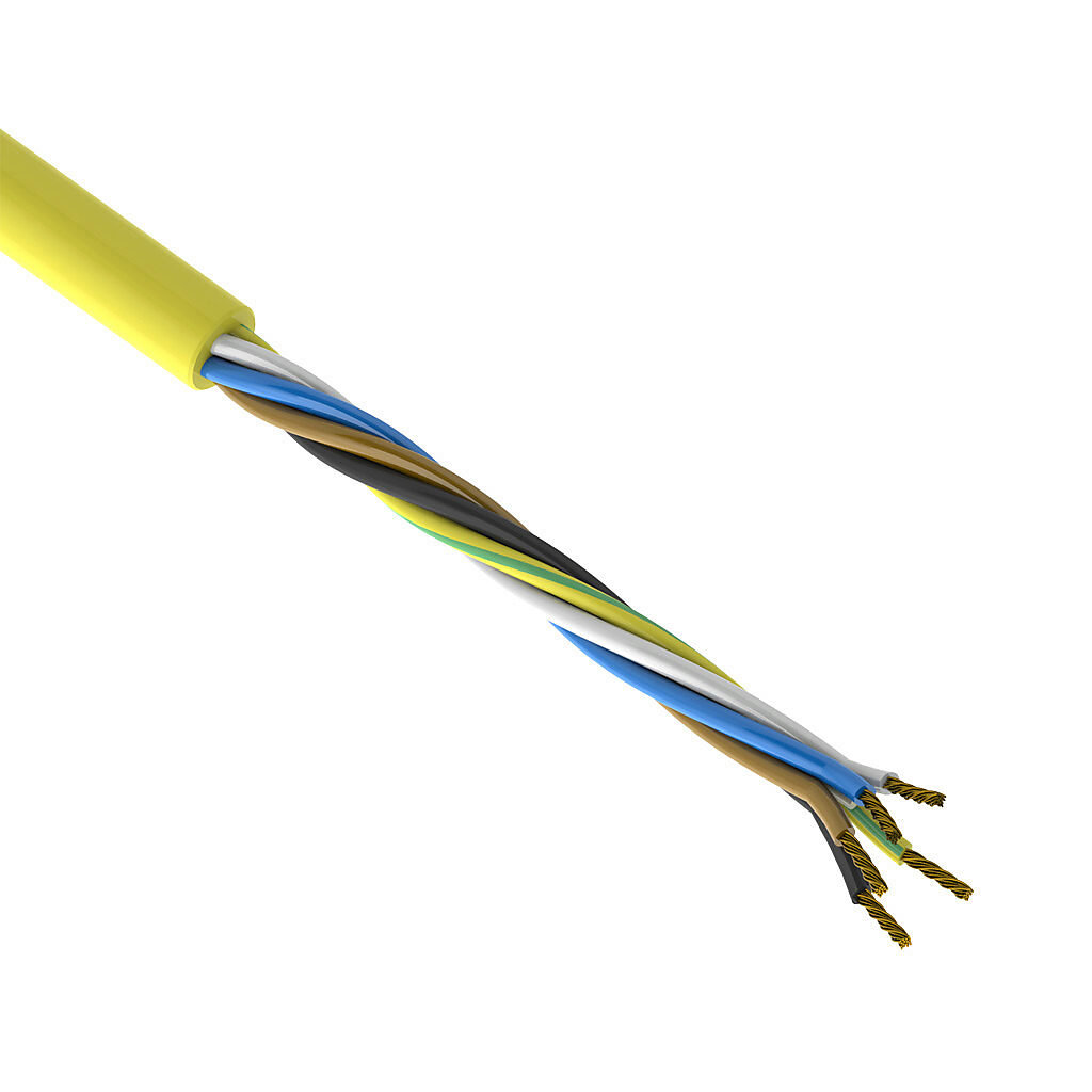 SAC-22-5U-1YL-1 - AutomationDirect flexible sensor/actuator cable, unshielded, 5 conductors, 22 AWG, bare copper, PVC conductor insulation material, black, brown, blue, white and green/yellow, PVC jacket, yellow, cut to length.