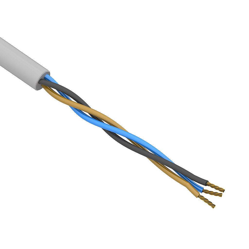 SAC-24-3U-1GY-1 - AutomationDirect flexible sensor/actuator cable, unshielded, 3 conductors, 24 AWG, bare copper, PVC conductor insulation material, black, brown and blue, PVC jacket, gray, cut to length.