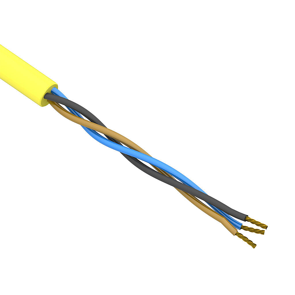 SAC-24-3U-1YL-1 - AutomationDirect flexible sensor/actuator cable, unshielded, 3 conductors, 24 AWG, bare copper, PVC conductor insulation material, black, brown and blue, PVC jacket, yellow, cut to length.