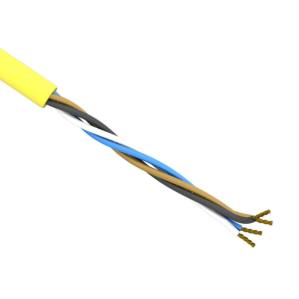SAC-24-4U-1YL-1 - AutomationDirect flexible sensor/actuator cable, unshielded, 4 conductors, 24 AWG, bare copper, PVC conductor insulation material, black, brown, blue and white, PVC jacket, yellow, cut to length.